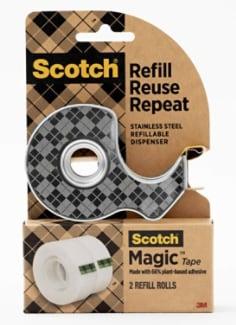 Scotch® Stainless Steel Dispenser Starter Pack with Magic™ 66% Plant-Based Adhesive Tape 123R