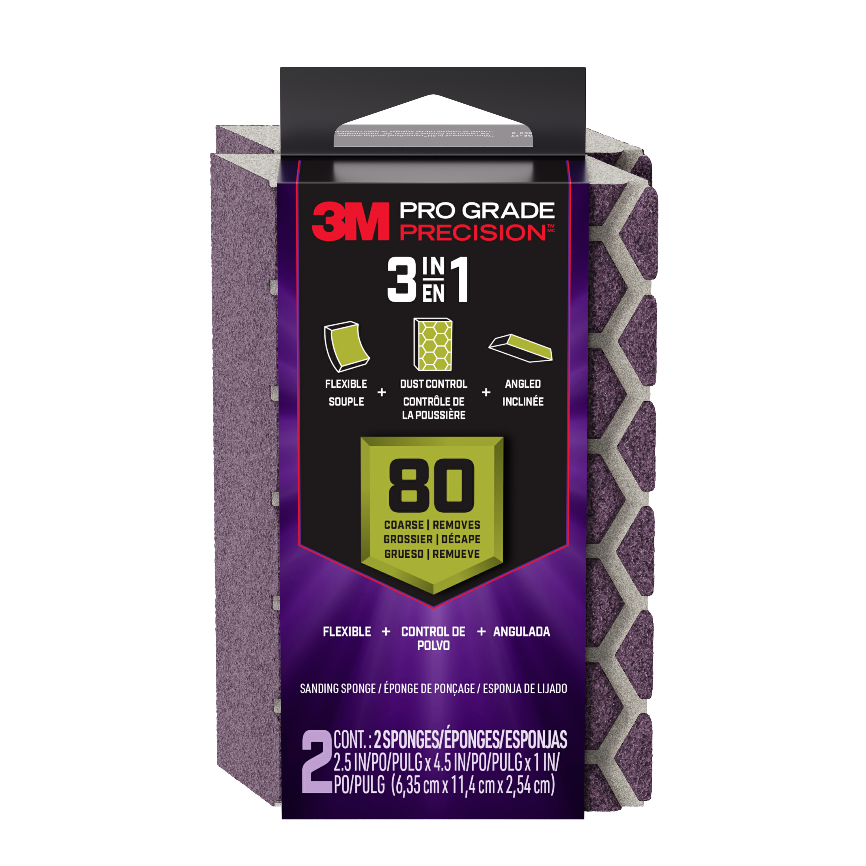 3M™ Pro Grade Precision™ 3-in-1 Sanding Sponge DCDA80-PGP-2T, 2.5 in x 4.5 in x 1 in, 80 grit, Coarse, 6/case