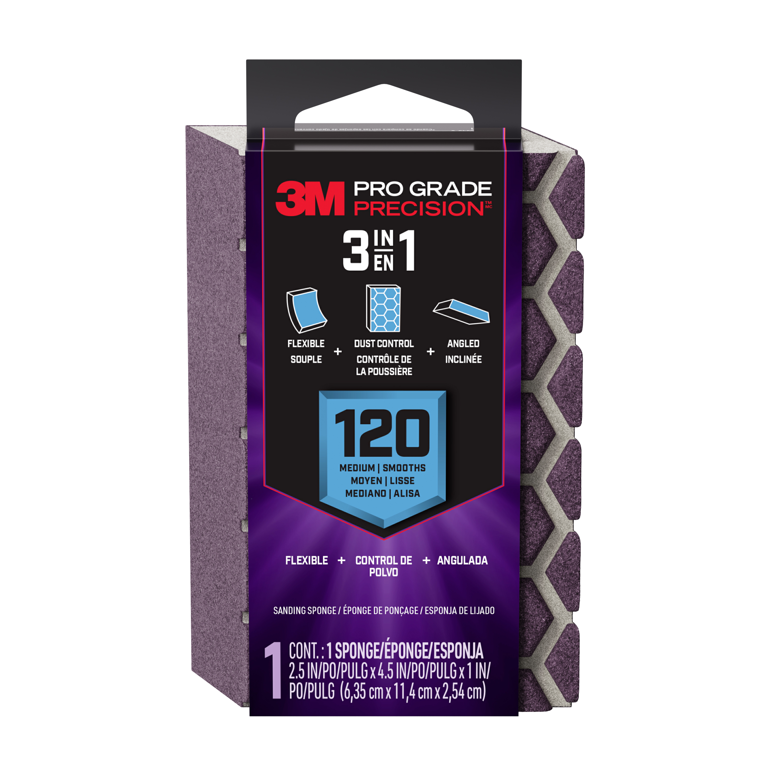 3M™ Pro Grade Precision™ 3-in-1 Sanding Sponge DCDA120-PGP-1T, 2.5 in x 4.5 in x 1 in, 120 grit, Medium, 12/case