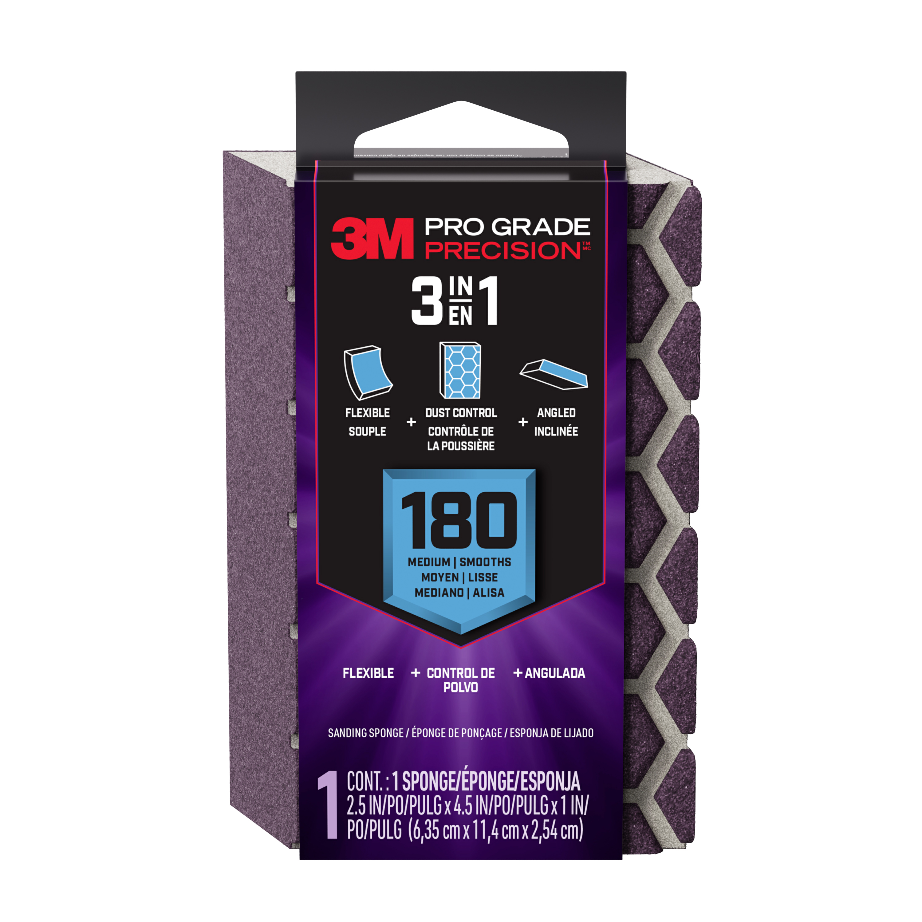 3M™ Pro Grade Precision™ 3-in-1 Sanding Sponge DCDA180-PGP-1T, 2.5 in x 4.5 in x 1 in, 180 grit, Medium, 12/case