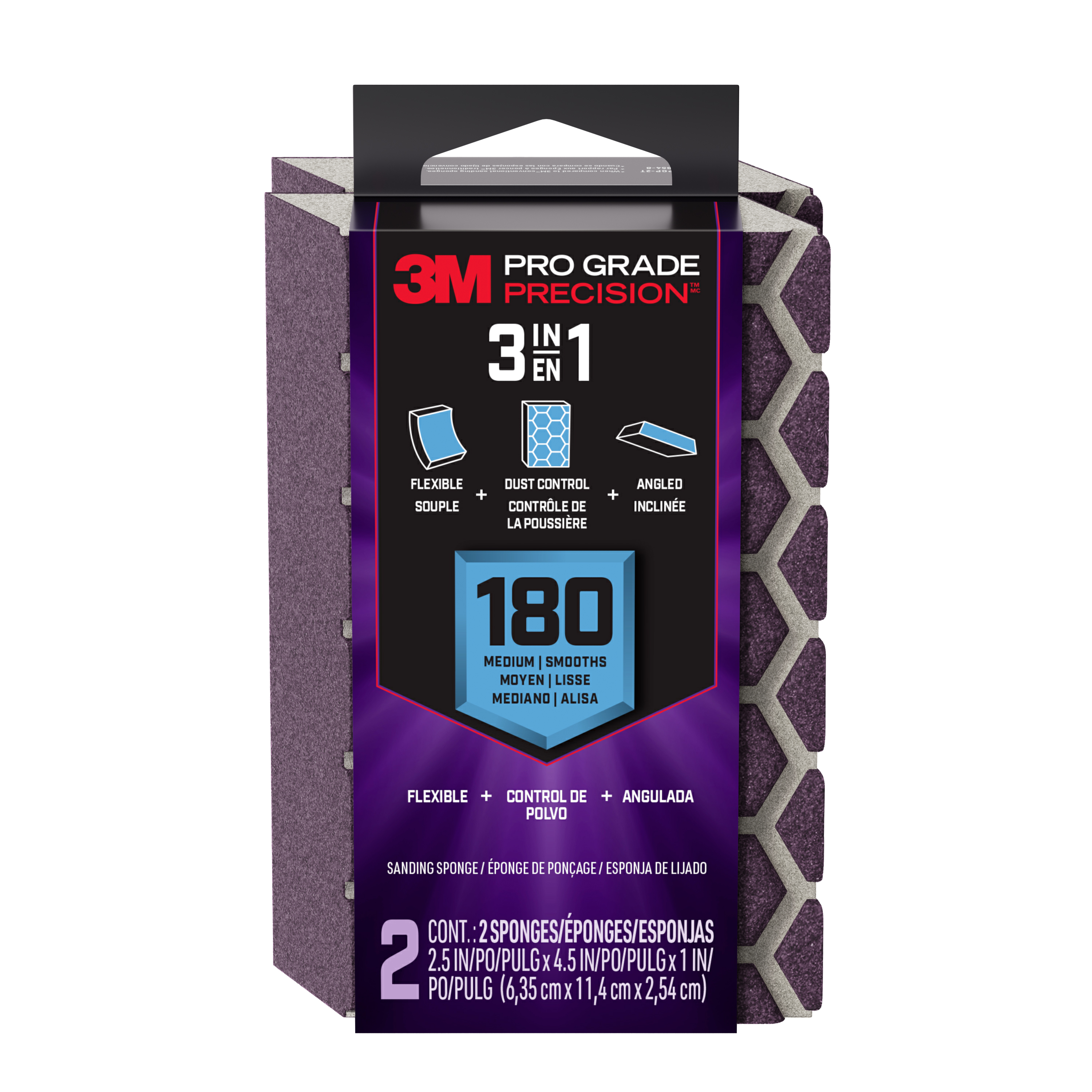 3M™ Pro Grade Precision™ 3-in-1 Sanding Sponge DCDA180-PGP-2T, 2.5 in x 4.5 in x 1 in, 180 grit, Medium, 6/case