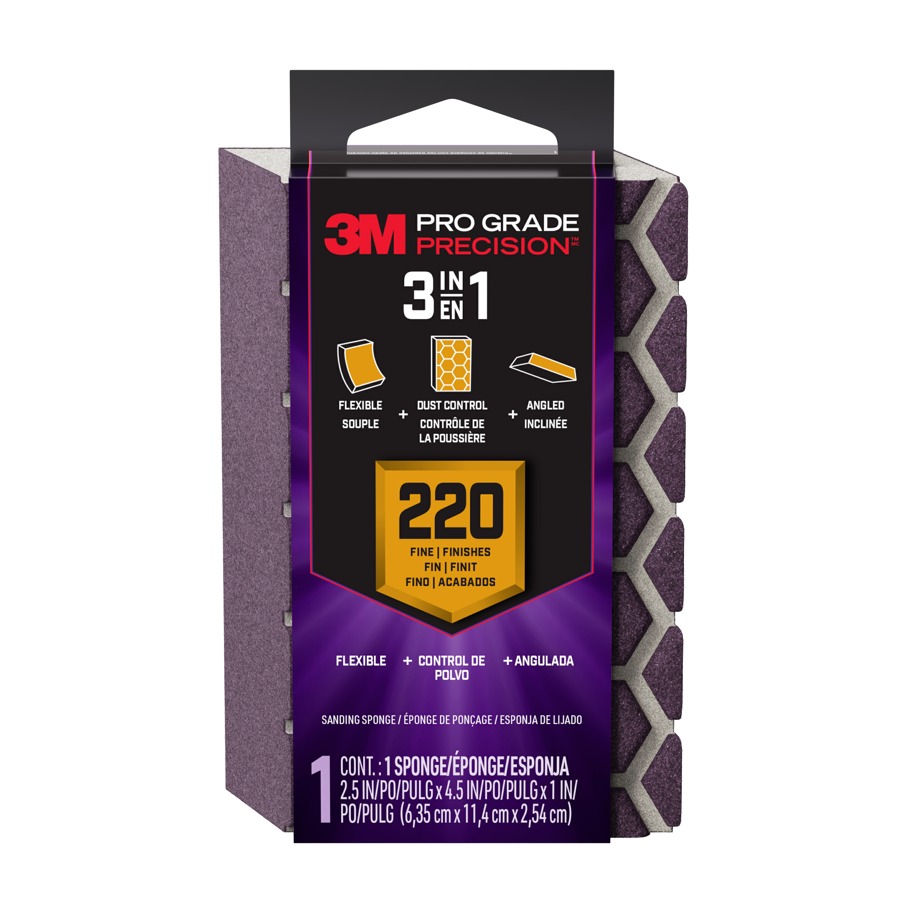 3M™ Pro Grade Precision™ 3-in-1 Sanding Sponge DCDA220-PGP-1T, 2.5in x 4.5in x 1in, 220 grit, Fine, 12/case
