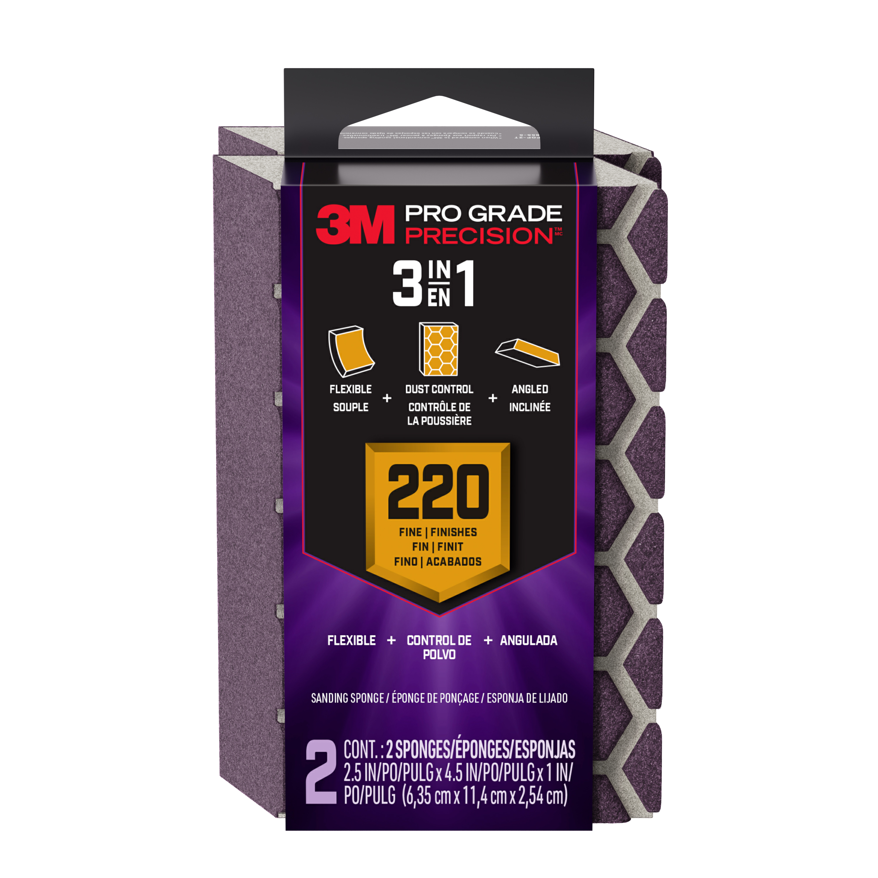 3M™ Pro Grade Precision™ 3-in-1 Sanding Sponge DCDA220-PGP-2T, 2.5in x 4.5in x 1in, 220 grit, Fine, 6/case