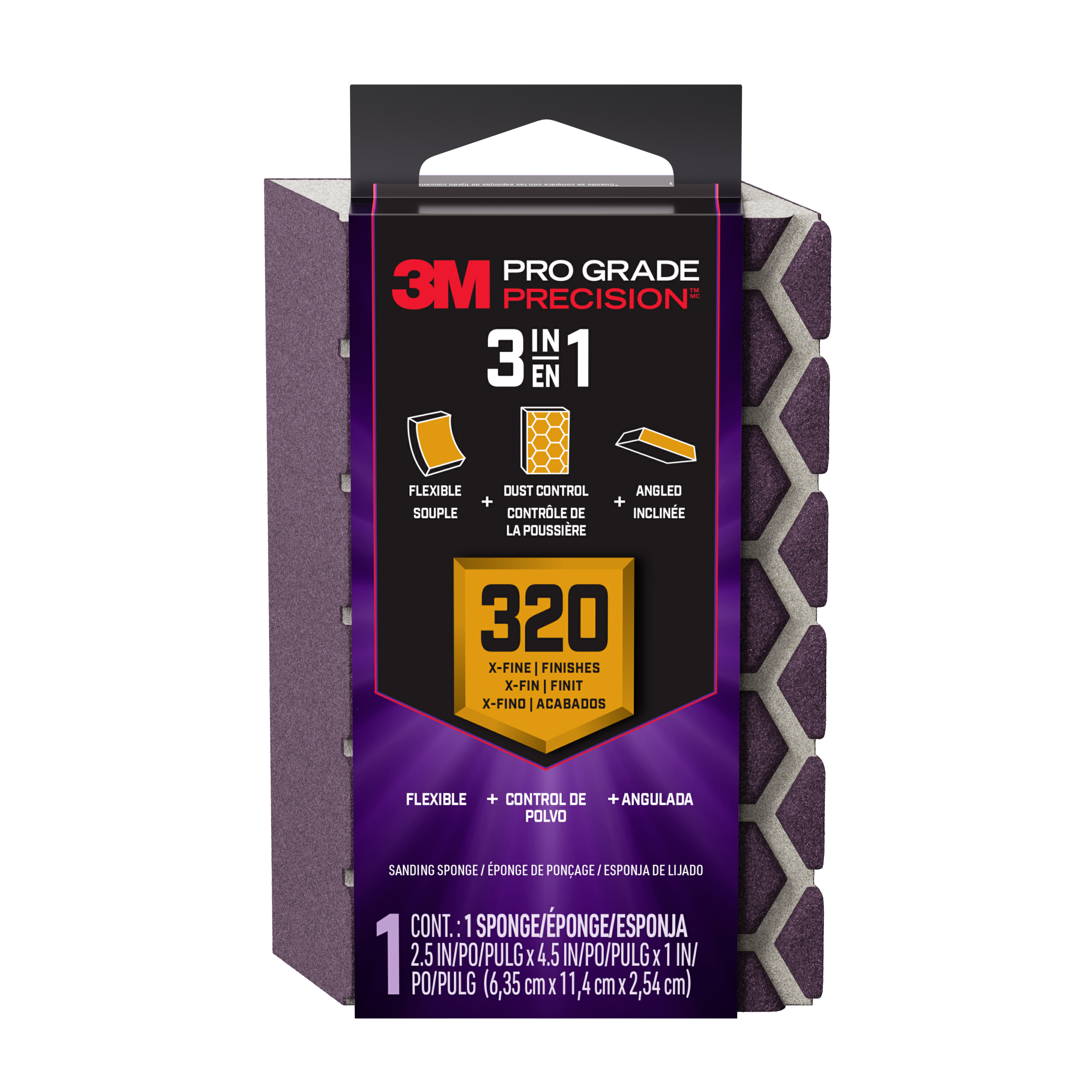 3M™ Pro Grade Precision™ 3-in-1 Sanding Sponge DCDA320-PGP-1T, 2.5in x 4.5in x 1in, 320 grit, X-Fine, 12/case