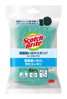 スコッチ・ブライト™ 両面使い分けスポンジ ハード＆ソフト, グリーン/ 青緑, 110個/箱, パッケージ画像表