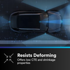 This is an infographic of 3M™ Scotch-Weld™ UV Dual Curing Adhesive 3581, Image 2. RESISTS DEFORMING: Offers low CTE and shrinkage properties