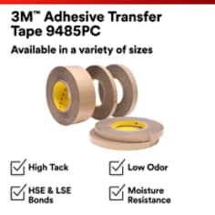 This is an infographic of 3M™ Adhesive Transfer Tape 9485PC, Image 1. 3M™ Adhesive Transfer Tape 9485PC. Available in a variety of sizes. High Tack. HSE & LSE Bonds. Low Odor, Moisture Resistance.