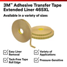 This is an infographic of 3M™ Adhesive Transfer Tape Extended Liner 465XL, Image 1. 3M™ Adhesive Transfer Tape Extended Liner 465XL. Available in a variety of sizes. Easy Liner Removal. Tack-Free Tape Roll Edge. Variety of Applications. Pressure-Sensitive.