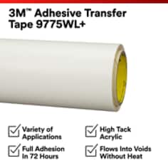 This is an infographic of 3M™ Adhesive Transfer Tape 9775WL-plus, Image 1. 3M™ Adhesive Transfer Tape 9775WL-plus. Variety of Applications. Full Adhesion in 72 Hours. High Tack Acrylic. Flows into Voids Without Heat.