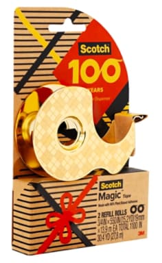 Made with 66% Plant based Adhesive Tape Gold Metal Dispenser with refill pack. Image of the Scotch Gold metal dispenser tape 100 Year anniversary item.