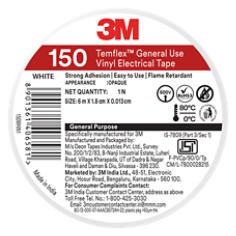 3M™ Temflex™ General Use Vinyl Electrical Tape 150, White, Without Base