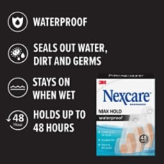 Nexcare™ Waterproof Max Hold, B+, Product Anatomy, Waterproof, Seals Out Water, Dirt and Germs, Stays on When Wet, Holds-UP to 48 hours