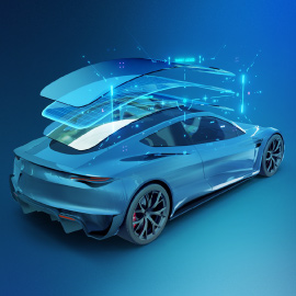 Futuristic white coupe with an expanded view of the moonroof lined with UCSF.