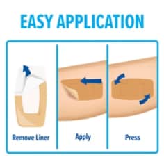 3M™ Nexcare™ easy application bplus image, remove liner, apply, press