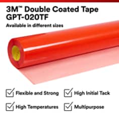 This is an infographic of 3M™ Double Coated Tape GPT-020TF, Image 1. 3M™ Double Coated Tape GPT-020TF: Available in different sizes. Flexible and Strong. High Initial Tack. High Tempratures. Multipurpose.