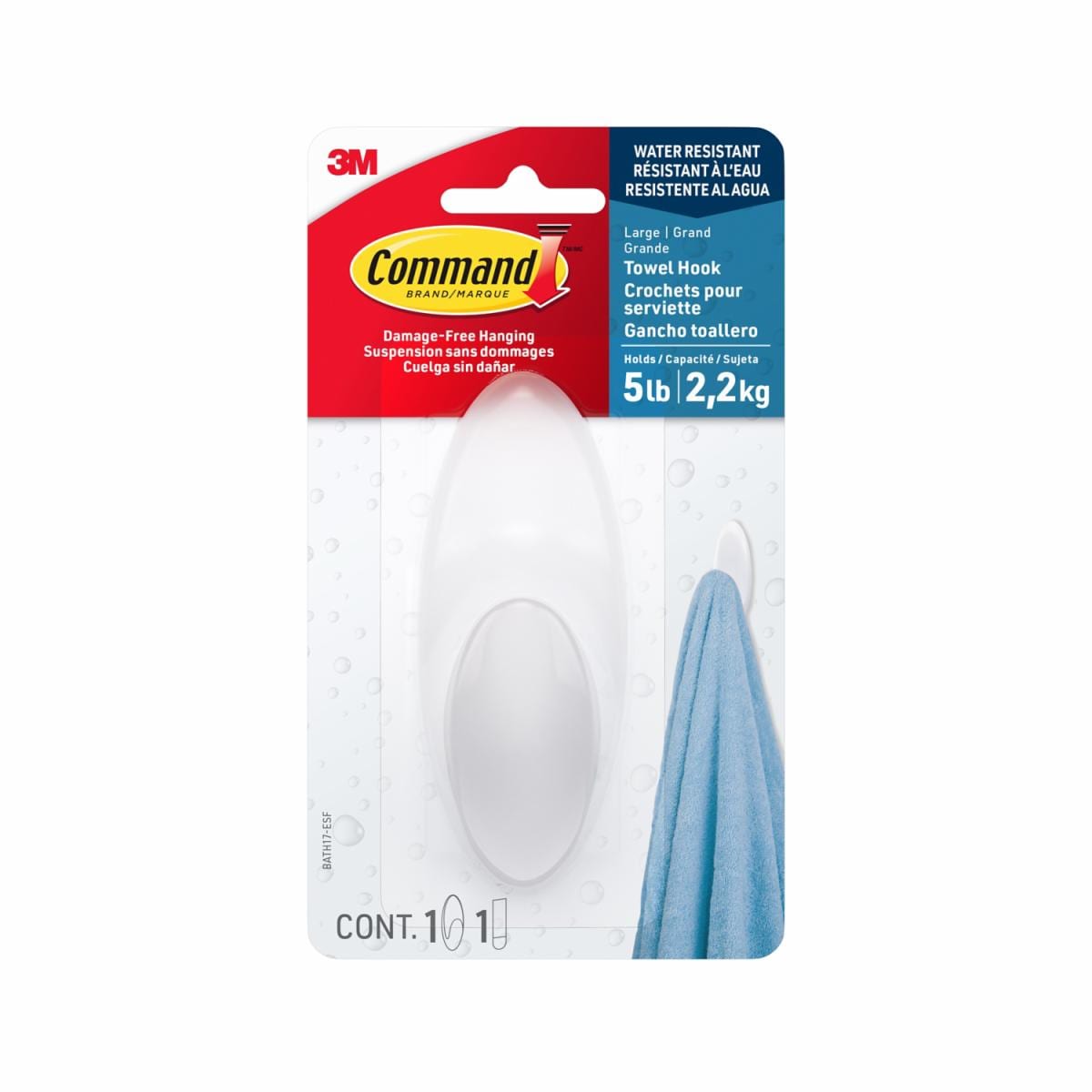 Command Large Towel Hook with Water-Resistant Strips Clear Frosted BATH17-ESF