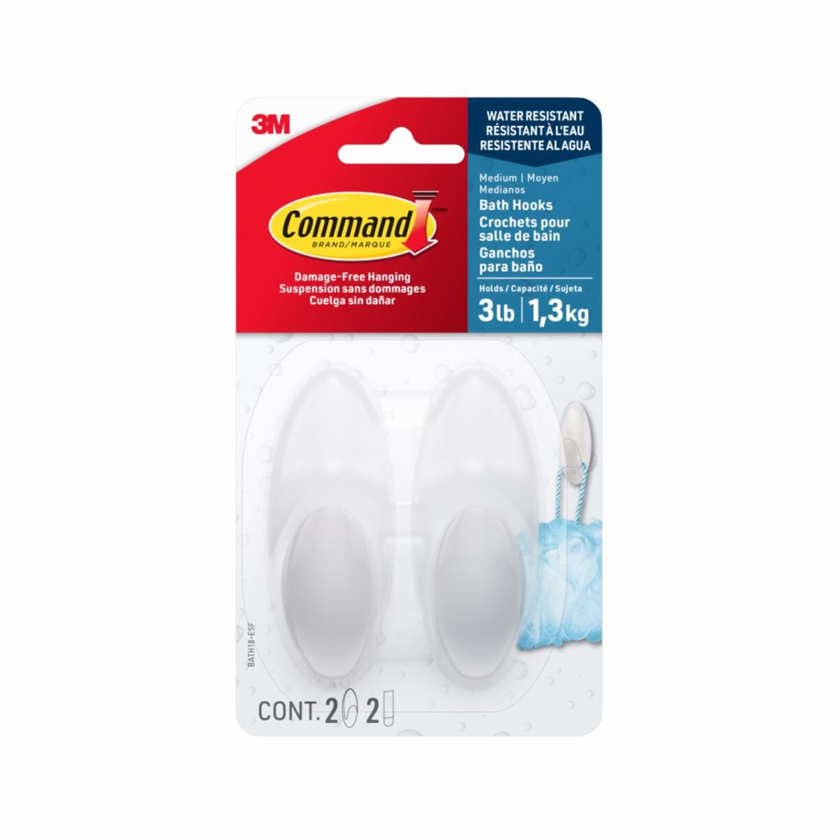 Command Medium Bath Hooks with Water-Resistant Strips BATH18-ESF