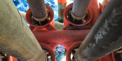 Structural supports of an offshore oil rig.