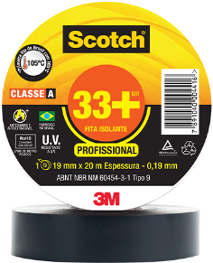 Foto do rolo + embalagem da fita Scotch 33+ do Brasil, arquivo PNG