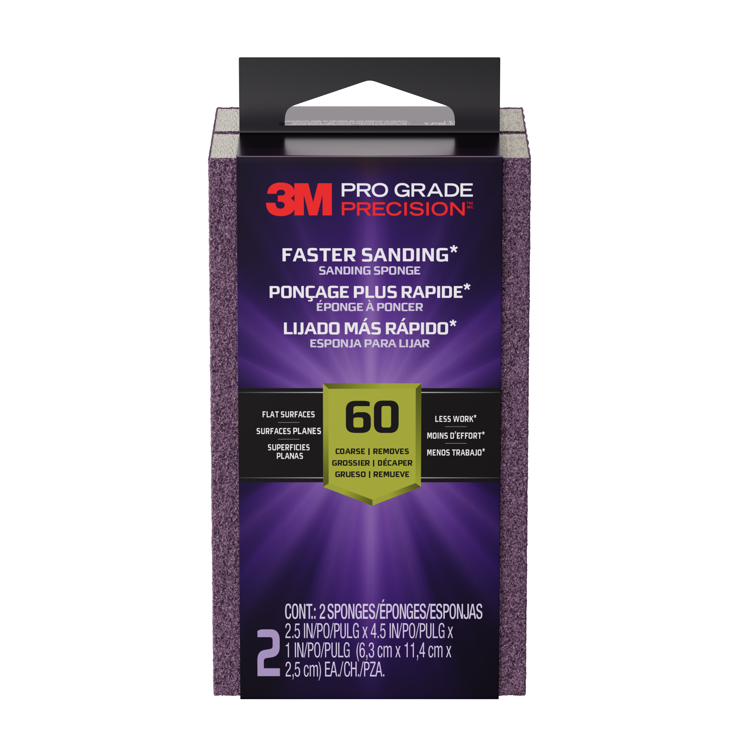 3M™ Pro Grade Precision™ Faster Sanding Sanding Block Sponge FSB60-PGP-2T, 2.5 in x 4.5 in x 1in, 60 grit, 2 each/pk, 6 pk/case