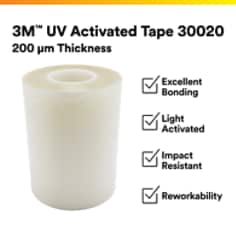 This is an infographic of 3M™ UV Activated Tape 30020, Image 1. 3M™ UV Activated Tape 30020: 200 µm Thickness. Excellent Bonding, Light Activated, Imapct Resistance, Reworkability.