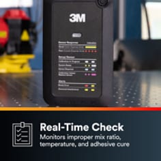 This is an infographic of 3M™ Sensors Adhesive Mix Detection System, Image 4. A REAL-TIME QUALITY CHECK: Monitors improper mix ratio, temperature, and adhesive cure to ensure confidence in the accuracy and reliability of the adhesive composition
