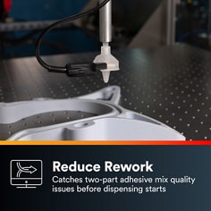 This is an infographic of 3M™ Sensors Adhesive Mix Detection System, Image 5. REDUCE REWORK: Catches two-part adhesive mix quality issues before dispensing starts, with real-time data