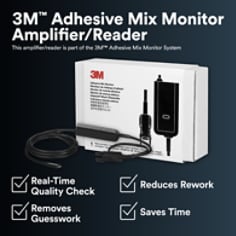 This is an infographic of 3M™ Adhesive Mix Monitor, Amplifier/Reader, Image 1. 3M™ Adhesive Mix Monitor Amplifier/Reader. This sensor is part of the 3M™ Adhesive Mix Monitor Systems. Real-Time Quality Check. Reduces Rework. Removes Guesswork. Saves Time.