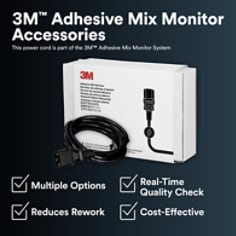 This is an infographic of 3M™ Adhesive Mix Monitor - Accessories, Image 1. 3M™ Adhesive Mix Monitor Accessories: This power cord is part of the 3M™ Adhesive Mix Monitor Systems. Multiple Options. Real-Time Quality Check. Reduces Rework. Cost-Effective.