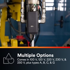 This is an infographic of 3M™ Adhesive Mix Monitor - Accessories, Image 3. MULTIPLE OPTIONS: This power cord is available in 100 V, 120 V, 220 V, 230 V, and 250 V, plus types A, B, C, and G.