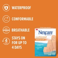 Nexcare™ 527 Cushioned Waterproof B+ 2 product anatomy image, waterproof, conformable, breathable, stays on for up to 4 days