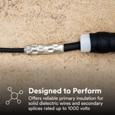 This is an infographic of 3M™ Cold Shrink Quick Insulators QI Series, Image 2. Designed to Perform: Offers reliable primary insulation for solid dielectric wires and secondary splices rated up to 1000 volts.