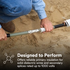 This is an infographic of 3M™ Cold Shrink Silicone Insulators 8440 Series, Image 2. Designed to Perform: Offers reliable primary insulation for solid dielectric wires and secondary splices rated up to 1000 volts.