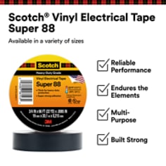 This is an infographic of Scotch® Vinyl Electrical Tape Super 88, Image 1. Scotch® Vinyl Electrical Tape Super 88: Available in variety of sizes. Reliable Performance, Endues the Elements, Multi-Purpose, Built Strong.