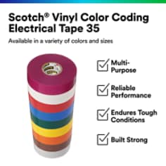 This is an infographic of Scotch® Vinyl Color Coding Electrical Tape 35, Image 1. Scotch Vinyl Color Coding Electrical Tape 35: Available in variety of colors and sizes. Reliable Performance, EnduesTough Conditions, Multi-Purpose, Built Strong.
