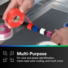 This is an infographic of Scotch® Vinyl Color Coding Electrical Tape 35, Image 2. MULTI-PURPOSE:For wire and phase identification, motor lead color coding and much more.