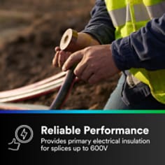 This is an infographic of Scotch® Vinyl Color Coding Electrical Tape 35, Image 3. RELIABLE PERFORMANCE: Provides primary electrical insulation for splices up to 600V.