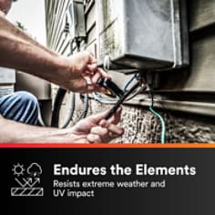 This is an infographic of Scotch® Super 33+™ Vinyl Electrical Tape, Image 3. ENDURES THE ELEMENTS: Resists extreme weather and UV impact.