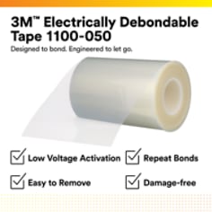 This is an infographic of 3M™ Electrically Debondable Tape 1100-050, Image 1. 3M™ Electrically Debondable Tape 1100-050: Designed to bond. Engineered to let go. Low Voltage Activation, Repeat Bonds, Easy to Remove, Damage-free.