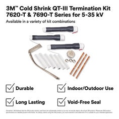 This is an infographic of 3M™ Cold Shrink QT-III Termination Kit 7620-T & 7690-T Series for 5-35 kV, Image 1. 3M™ Cold Shrink QT-III Termination Kit 7620-T & 7690-T Series for 5-35 kV: Available in a variety of kit combinations. Durable, indoor/Outdoor Use, Long Lasting, Void-Free Seal. Disclaimer: 3M believes that the 3M product photos used here are substantially similar to, by may not exactly depict, the actual 3M product. Please see 3M product specifications for detailed product information. As always, before using the 3M product, you must evaluate it and determine if it is suitable for your intended application.