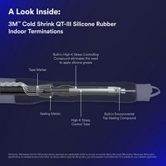 This is an infographic of 3M™ Cold Shrink QT-III Termination Kit 7620-T & 7690-T Series for 5-35 kV, Image 3. A Look Inside: 3M™ Cold Shrink QT-III Silicone Rubber Indoor Termination. The image reveals inner structre of the terminator. Disclaimer: 3M believes that the 3M product photos used here are substantially similar to, by may not exactly depict, the actual 3M product. Please see 3M product specifications for detailed product information. As always, before using the 3M product, you must evaluate it and determine if it is suitable for your intended application.