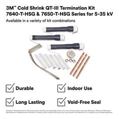 This is an infographic of 3M™ Cold Shrink QT-III Termination Kit 7640-T & 7650-T Series for 5-35 kV, Image 1. 3M™ Cold Shrink QT-III Termination Kit 7640-T-HSG & 7650-T-HSG Series for 5-35 kV: Available in a variety of kit combinations. Durable, indoor/Outdoor Use, Long Lasting, Void-Free Seal. Disclaimer: 3M believes that the 3M product photos used here are substantially similar to, by may not exactly depict, the actual 3M product. Please see 3M product specifications for detailed product information. As always, before using the 3M product, you must evaluate it and determine if it is suitable for your intended application.