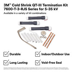 This is an infographic of 3M™ Cold Shrink QT-III Termination Kit 7600-T-3-RJS Series for 5-35 kV, Image 1. 3M™ Cold Shrink QT-III Termination Kit 7600-T-3-RJS Series for 5-35 kV: Available in a variety of kit combinations. Durable, indoor/Outdoor Use, Long Lasting, Void-Free Seal. Disclaimer: 3M believes that the 3M product photos used here are substantially similar to, by may not exactly depict, the actual 3M product. Please see 3M product specifications for detailed product information. As always, before using the 3M product, you must evaluate it and determine if it is suitable for your intended application.