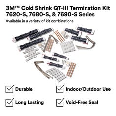 This is an infographic of 3M™ Cold Shrink QT-III Termination Kit 7620-S, 7680-S & 7690-S Series, Image 1. 3M™ Cold Shrink QT-III Termination Kit 7620-S, 7680-S & 7690-S Series: Available in a variety of kit combinations. Durable, indoor/Outdoor Use, Long Lasting, Void-Free Seal. Disclaimer: 3M believes that the 3M product photos used here are substantially similar to, by may not exactly depict, the actual 3M product. Please see 3M product specifications for detailed product information. As always, before using the 3M product, you must evaluate it and determine if it is suitable for your intended application.