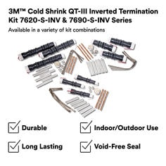 This is an infographic of 3M™ Cold Shrink QT-III Inverted Termination Kit 7620-S & 7690-S Series, Image 1. 3M™ Cold Shrink QT-III Inverted Termination Kit 7620-S & 7690-S Series: Available in a variety of kit combinations. Durable, indoor/Outdoor Use, Long Lasting, Void-Free Seal. Disclaimer: 3M believes that the 3M product photos used here are substantially similar to, by may not exactly depict, the actual 3M product. Please see 3M product specifications for detailed product information. As always, before using the 3M product, you must evaluate it and determine if it is suitable for your intended application.