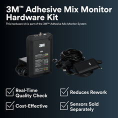This is an infographic of 3M™ Adhesive Mix Monitor Hardware Kit, Image 1. 3M™ Adhesive Mix Monitor Hardware Kit: This hardware kit is part of the 3M™ Adhesive Mix Monitor System. Real-Time Quality Check. Reduces Rework. Cost-Effective. Sensor Sold Separately.