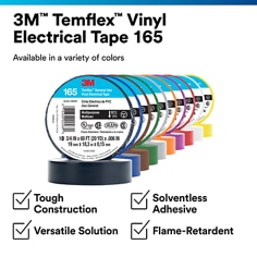 This is an infographic of 3M™ Temflex™ Vinyl Electrical Tape 165, Image 1. 3M™ Temflex™ Vinyl Electrical Tape 165: Available in variety of colors. Tough Construction, Solventless Adhesive, Versatile Solution, Flame-retardant.