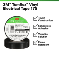 This is an infographic of 3M™ Temflex™ Vinyl Electrical Tape 175, Image 1. 3M™ Temflex™ Vinyl Electrical Tape 175: Tough Construction, Solventless Adhesive, Versatile Solution, Flame-retardant.