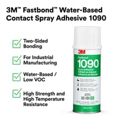 This is an infographic of 3M™ Fastbond™ Water-Based Contact Spray Adhesive 1090, Low VOC, Image 1. 3M™ Fastbond™ Water-Based Contact Spray Adhesive 1090: Two-Sided Bonding, For Industrial Manufacturing, Water-Based / Low VOC, High Strength and High Temperature Resistance.