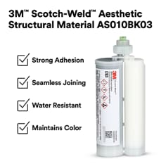 This is an infographic of 3M™ Scotch-Weld™ Aesthetic Structural Material AS001BU01, Image 1. 3M™ Scotch-Weld™ Aesthetic Structural Material AS001BU01: Strong Adhesion. Seamless Joining. Water Resistance. Maintains Color.